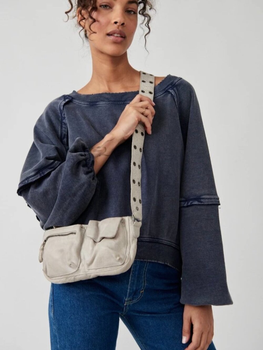 NWT Free People Wade Leather Sling Bag Mineral Neutral Boho Y2K Style $88